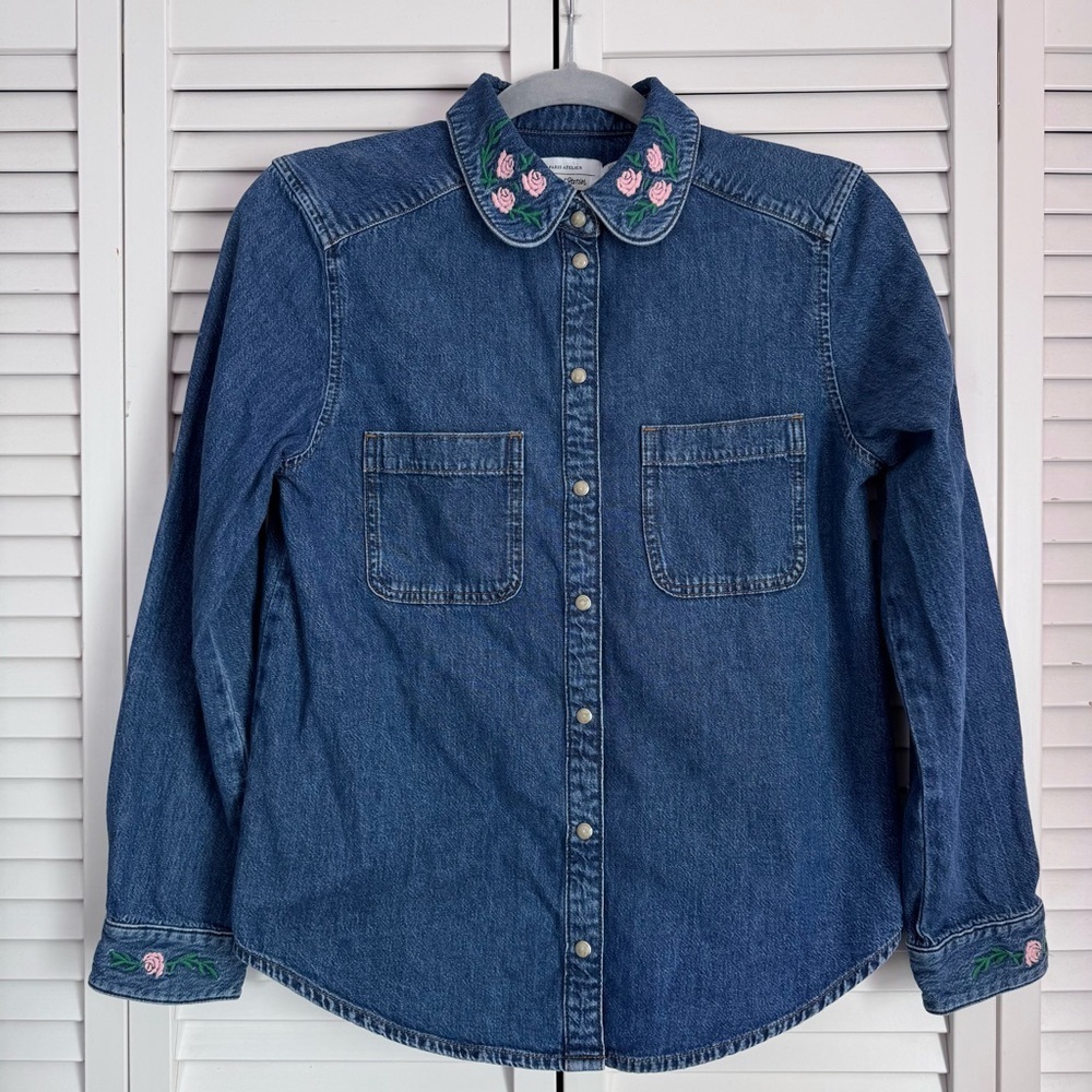 & Other Stories Floral Embroidery Blue Denim Shirt Pearl Snap Button Size XS (2)